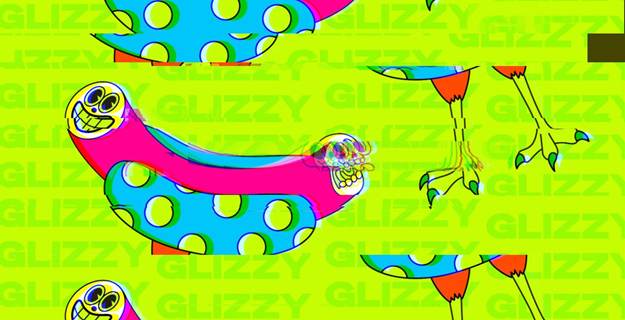 Glitched neon artwork of Glizzy’s banner, featuring smiling cartoon hotdogs with polka-dot patterns and distorted chicken legs. The background repeats the word “GLIZZY” in bright yellow-green, with a warped, glitch effect compared to the usual sharp version.