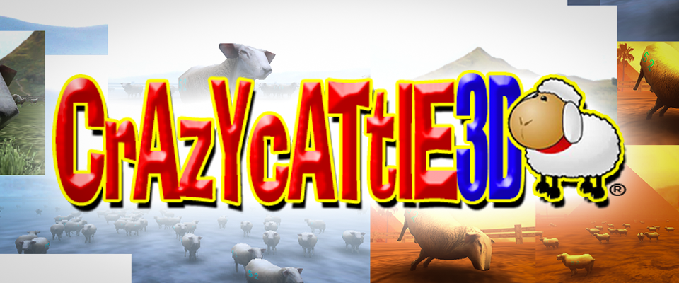 Wide banner reading “CrAzYcAttlE3D” in loud mixed-case letters with a cartoon sheep icon, over a collage of low-poly sheep scenes in grassy and desert landscapes.