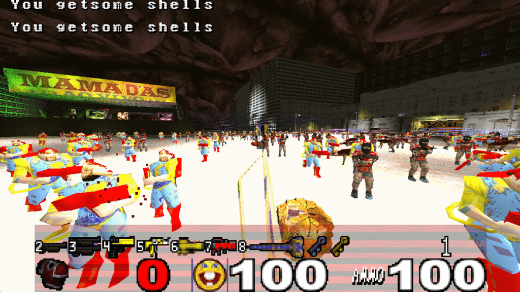 Retro, low-poly FPS arena crammed with colourful enemies under a cavern roof. HUD shows 100 health/100 ammo; a neon “MAMADAS” sign in the back; on-screen text repeats “You getsome shells.”