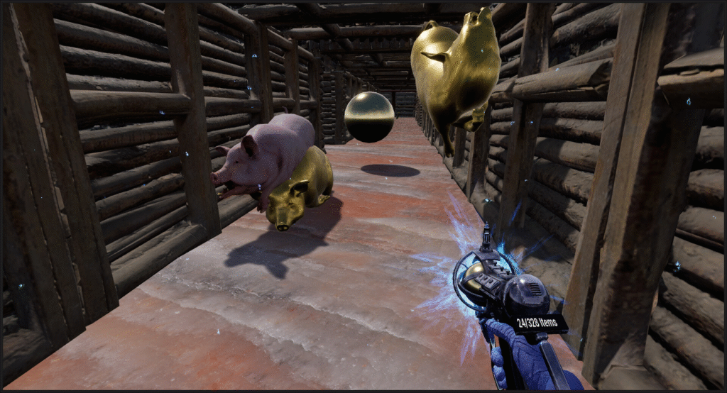 First-person view inside a wooden trench corridor. A pink pig and a gold pig block the way with a floating metal sphere between them; the player’s charged ball gun shows an ammo readout.