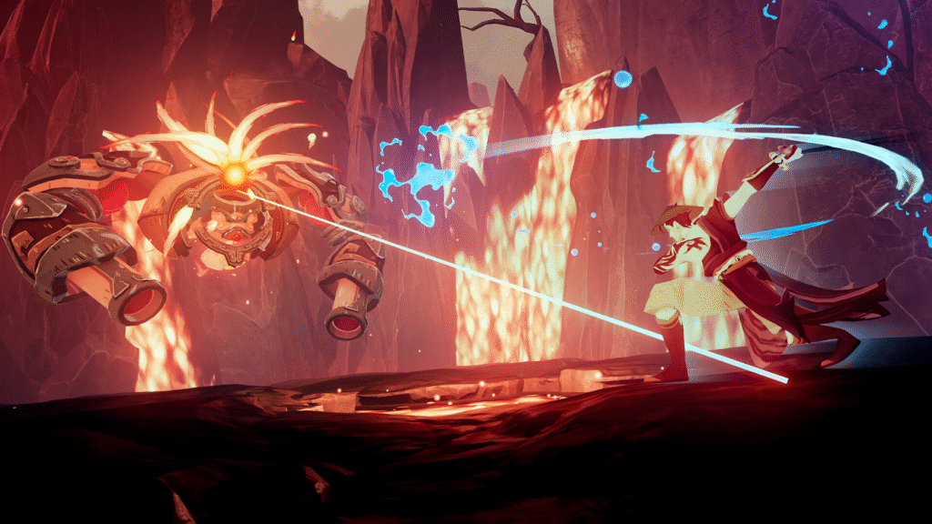 Boss battle in 3Z: The Zodiac Trials, featuring a massive glowing enemy and a player using melee attacks against a backdrop of lava and waterfalls.