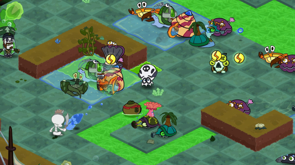 Screenshot from “Operation Octo” showing a top-down tower defense battle with cartoon-style cephalopod characters, enemies, and grid-based terrain.