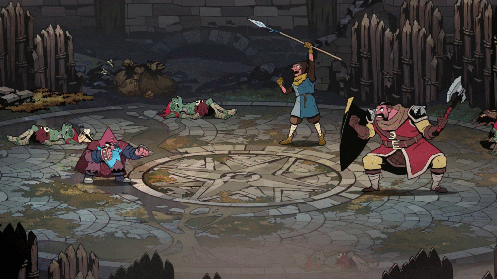 Absolum gameplay showing a character battling multiple enemies in a fantasy city environment with anime-inspired visuals.