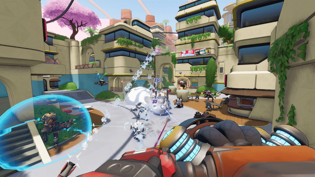 Gameplay screenshot from Roboquest showing chaotic combat in a futuristic cityscape, with players firing energy weapons at swarms of robotic enemies.