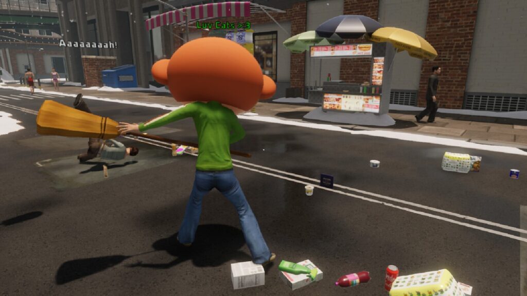 Using the power of a broom in Supermarket Together to stop a shoplifter from stealing grocery items