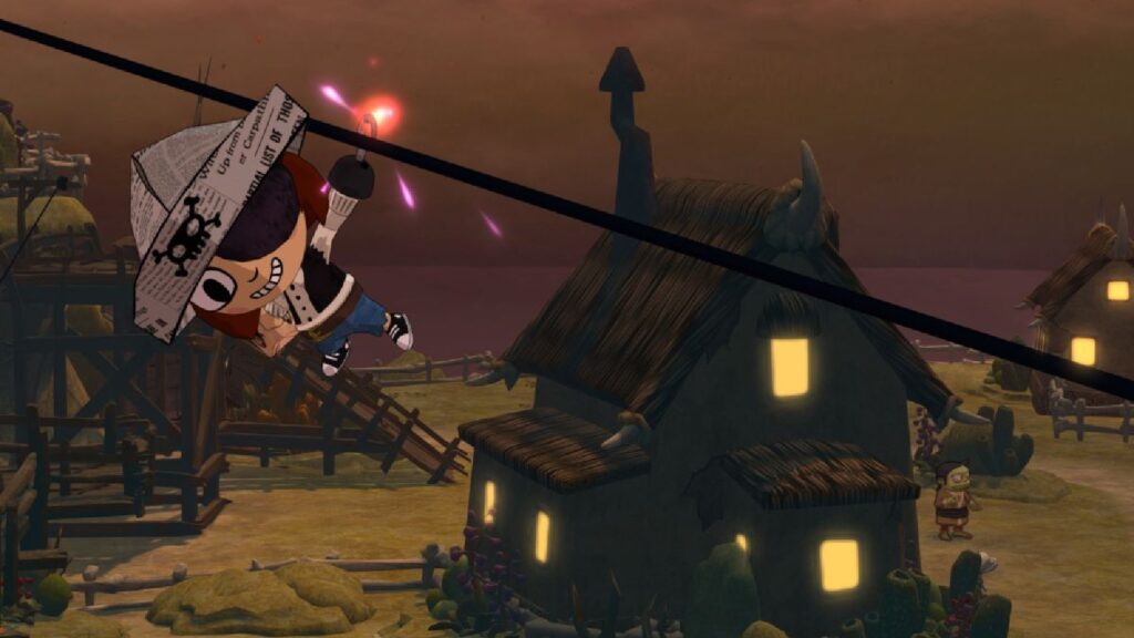 An image of one of the main characters in Costume Quest sliding down a wire