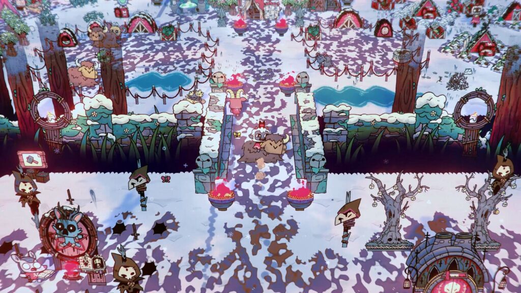 A gameplay screenshot of Cult of the Lamb, showing the Lamb riding on the back of a creature in the upcoming Woolhaven expansion