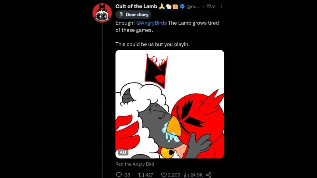 A screenshot of the Lamb from Cult of the Lamb and Red the Angry Bird kissing from the official Cult of the Lamb Twitter/X page