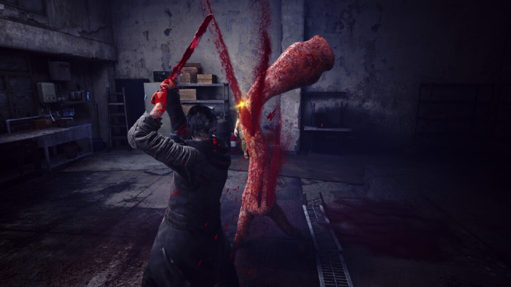 A character in Slitterhead using a sword created out of blood to attack a creature for an article about Halloween Games