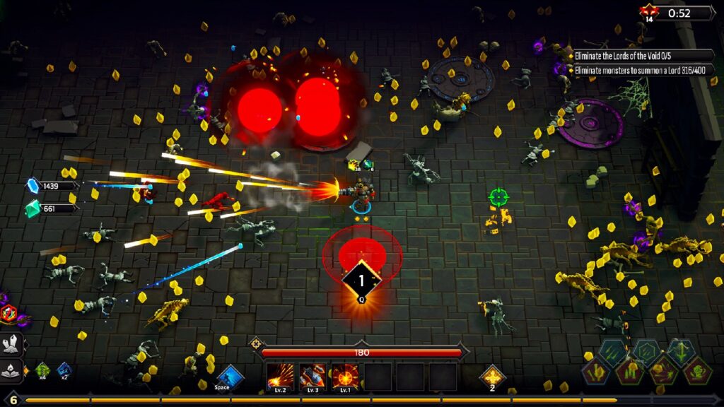 A gameplay screenshot of Soulstone Survivors, showing a ton of gold and enemies on the ground level in a Bullet Heaven game