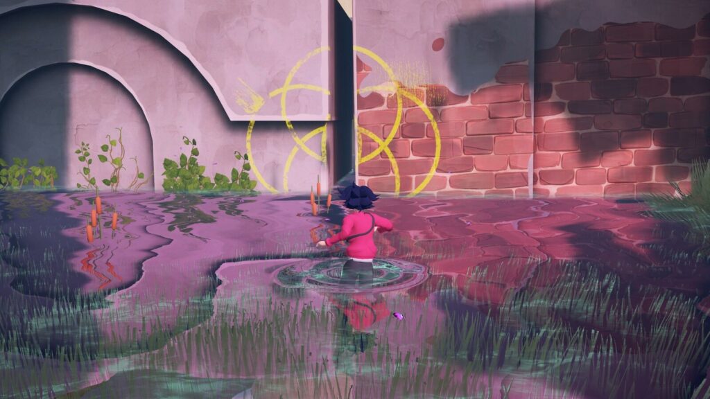 A Screenshot of B, the main character in 'A Pizza Delivery', wading through water