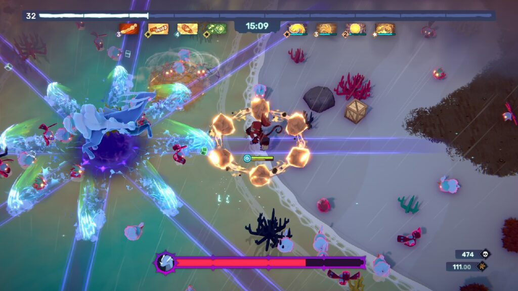 A gameplay screenshot of Temtem Survivors, a bullet heaven game that takes place in the Temtem universe