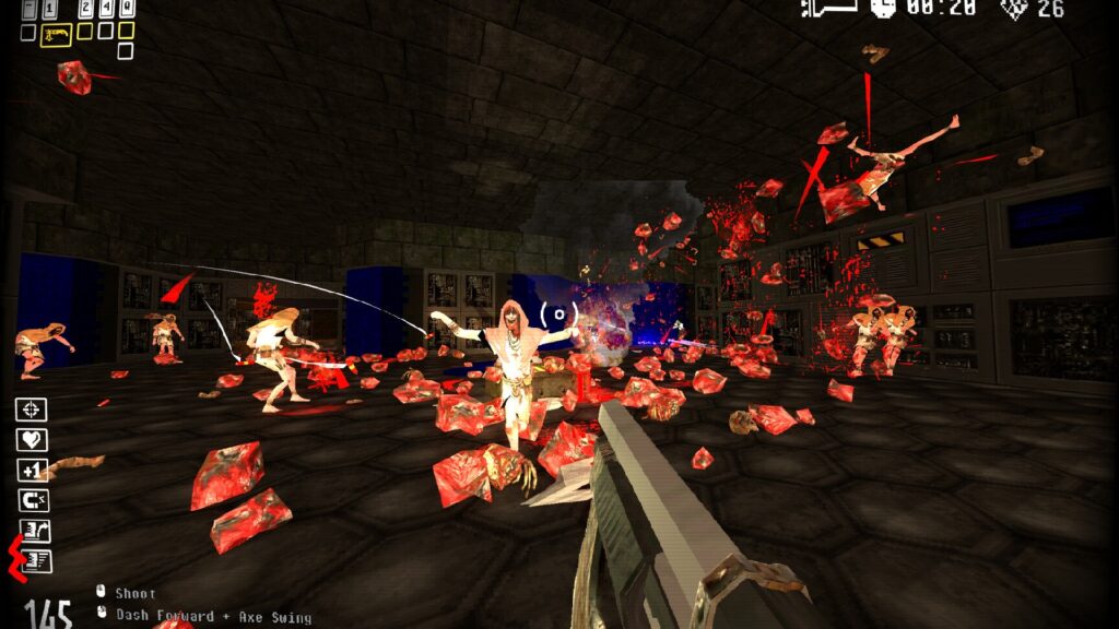 Gibs flying in Berserkers Domain, a first-person shooter roguelike boomer shooter game