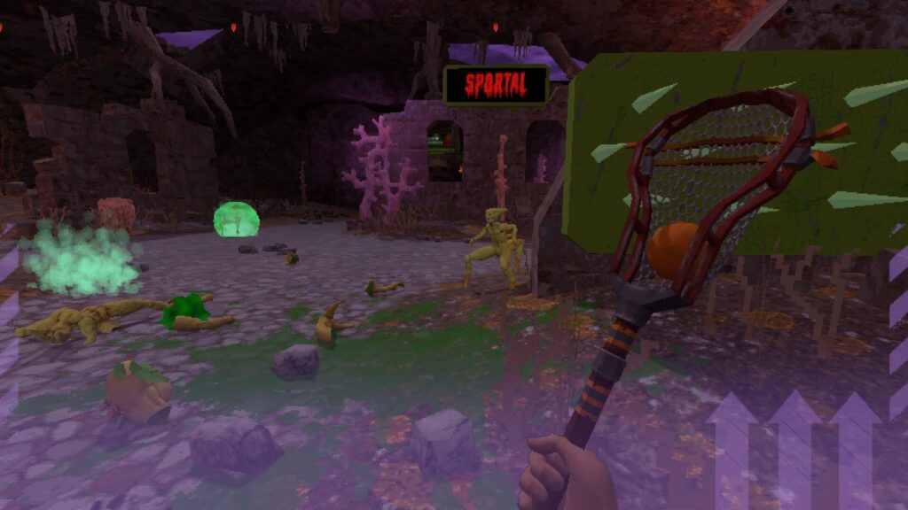 The main character holding a Lacrosse stick in SPORTAL, an upcoming boomer shooter roguelike