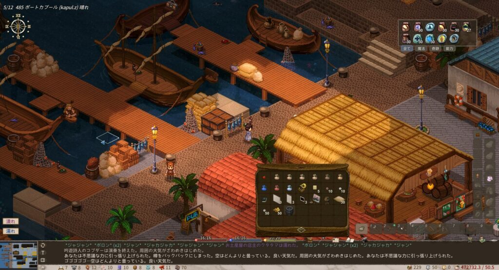 Gameplay of Elin, a role-playing game showing the player near a town