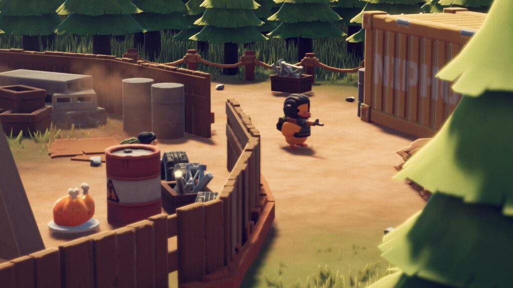 A duck in Escape from Duckov decked out in armor, holding an assault rifle