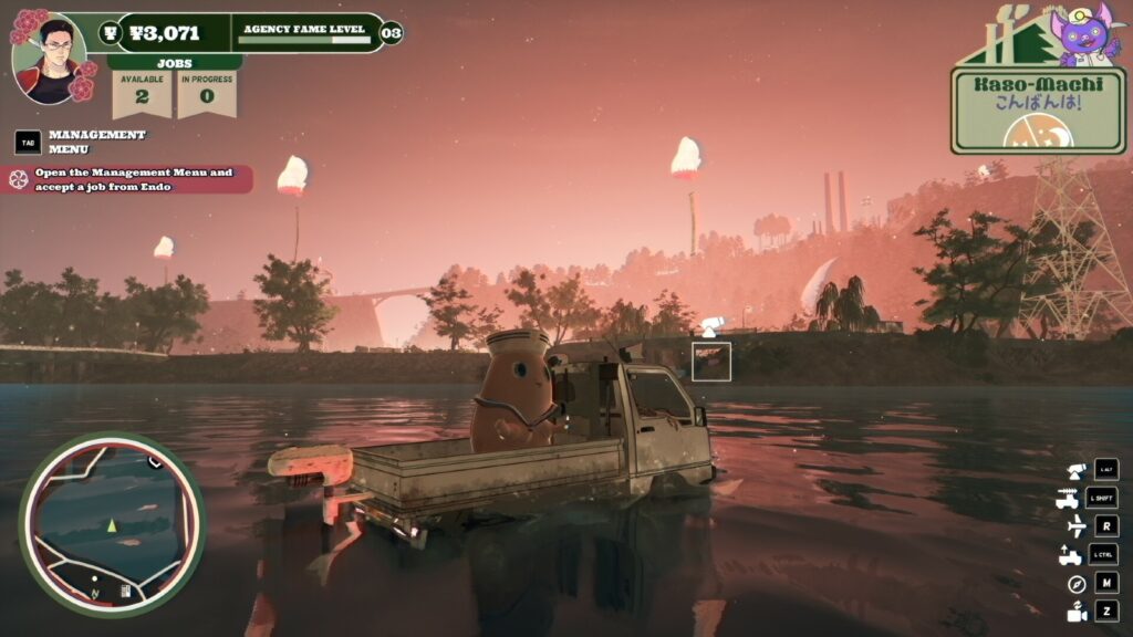Pinky in the back of a truck in the middle of a lake in Promise Mascot Agency