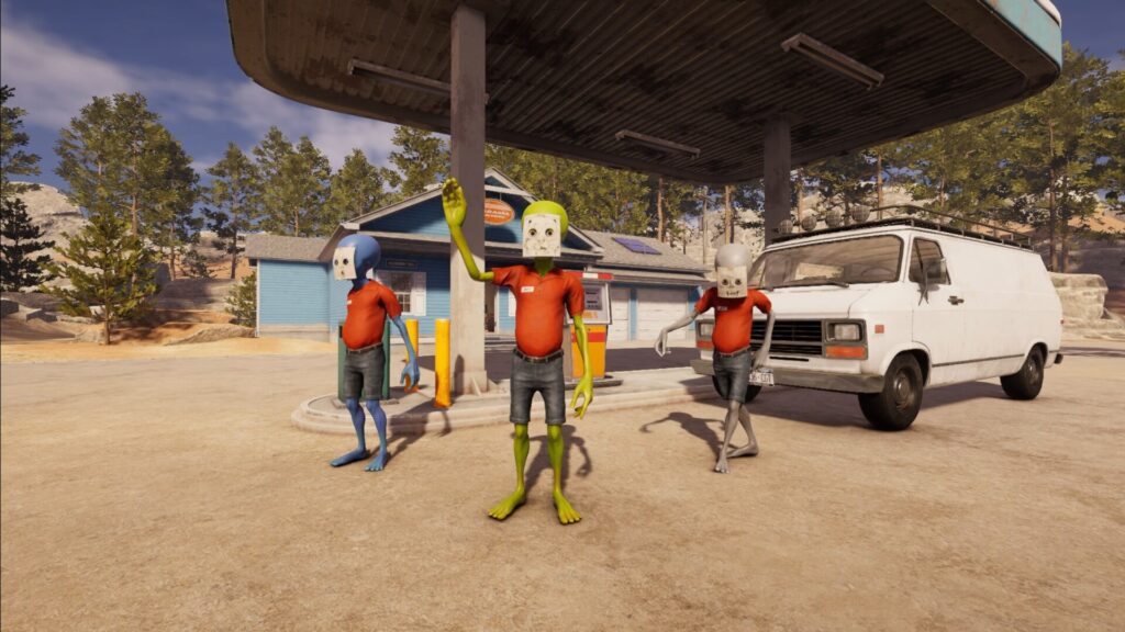The aliens in Roadside Research, standing outside of the gas station that they're attending to