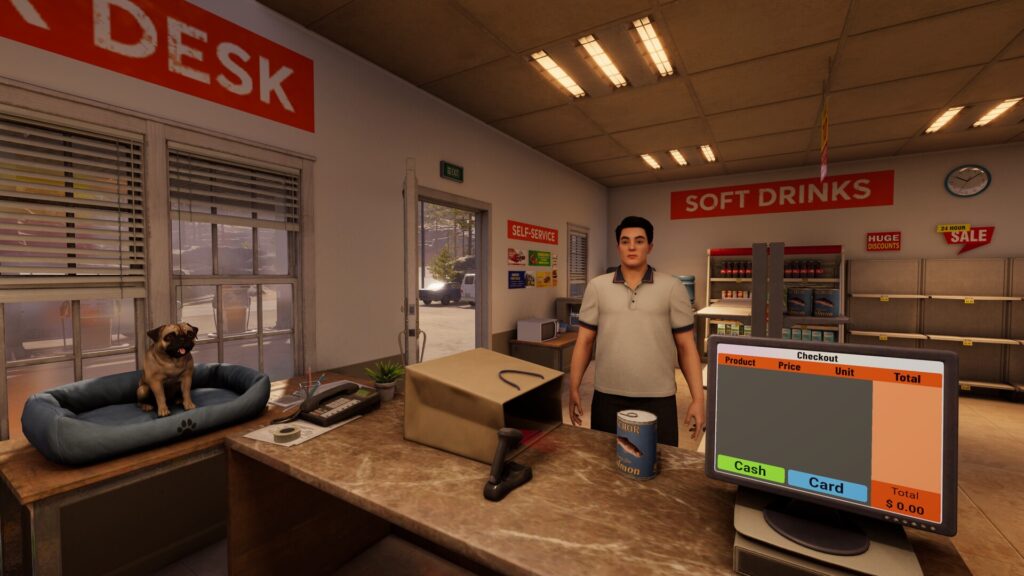 A gameplay screenshot of 'Roadside Research', a friendslop simulator game where you run a gas station as aliens