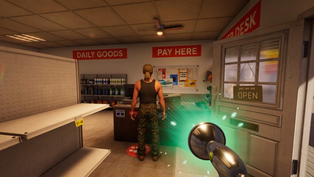 Using the laser gun on a human in Roadside Research