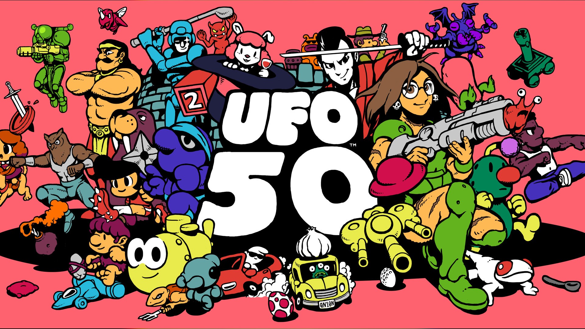 UFO 50 Key Art Key art for UFO 50, a collection of 50 games from a "totally real" development studio