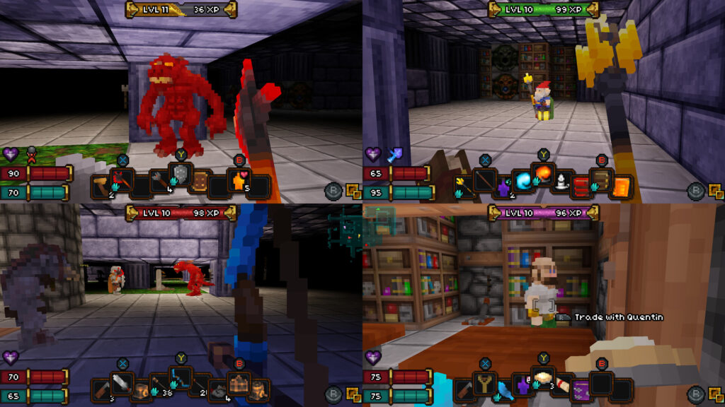 A screenshot of Barony, showing 4 players on one screen in a multiplayer session