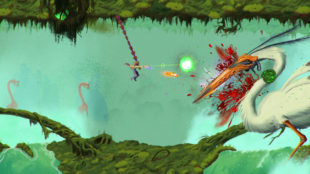 A gameplay screenshot from the Jump 'n Shoot ChainStaff, an indie game with a unique and interesting hook