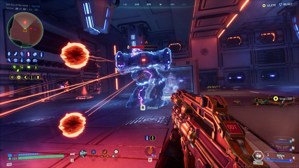 A gameplay screenshot of Deadzone Rogue, showing the player character diving out of the way of a projectile