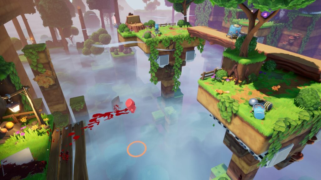 Super Meat Boy 3D gameplay screenshot, showing Meat Boy jumping across a cavern