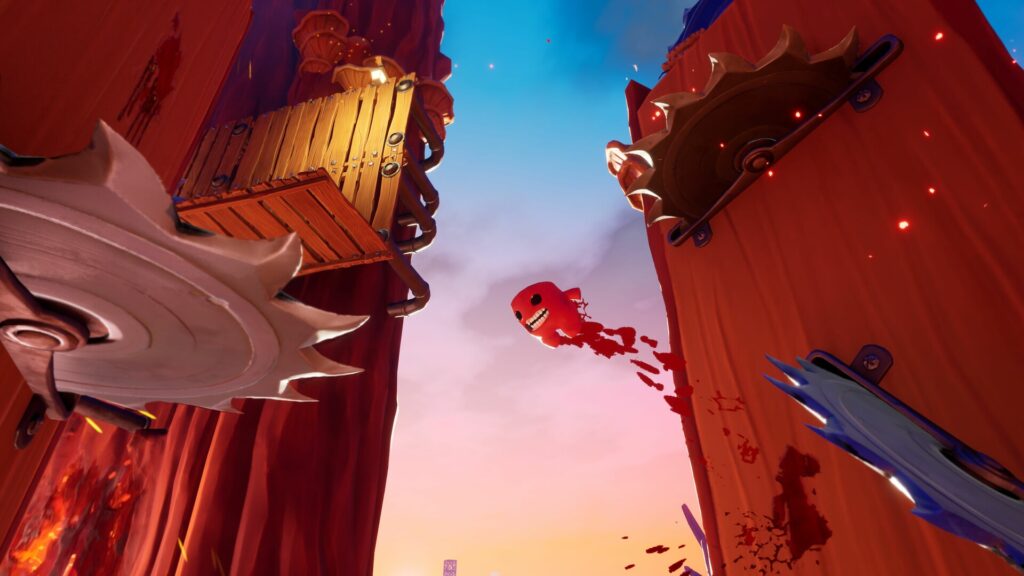 Super Meat Boy 3D gameplay screenshot, showing Meat Boy jumping between two walls and avoiding saw blades