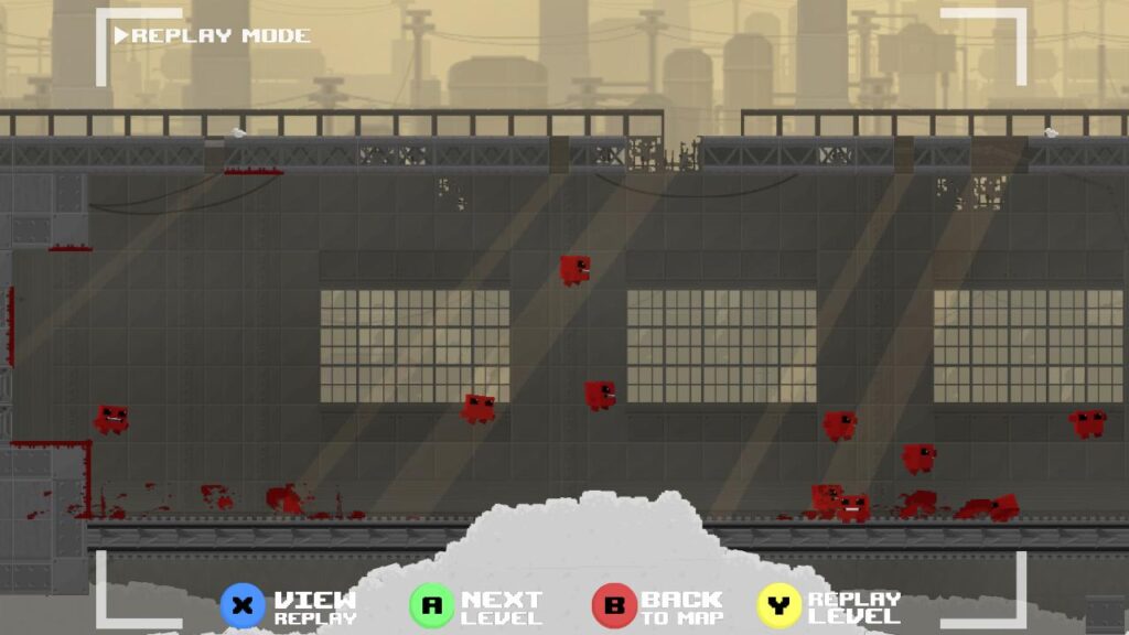 Showing the replay of Super Meat Boy in one of the many levels available in the game
