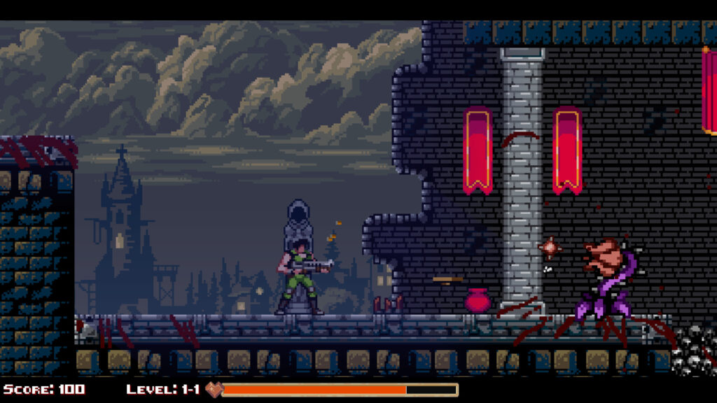 A gameplay screenshot of Blood Spiller, a side-scrolling shooter with a degenerating health bar