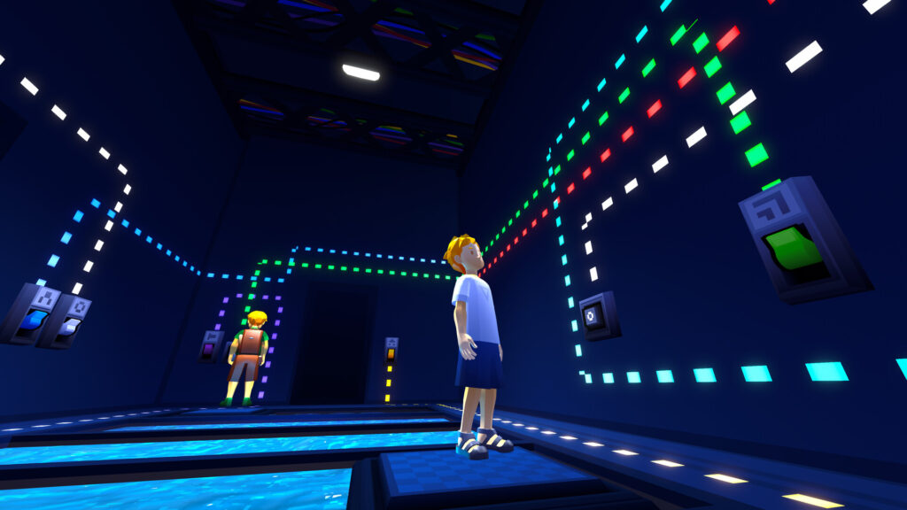Two players looking at wall puzzles in In Sink
