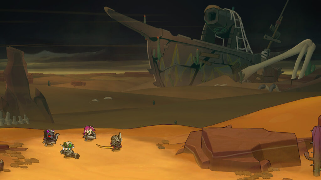 Lost Castle 2 gameplay screenshot, showing four players in front of a massive ship