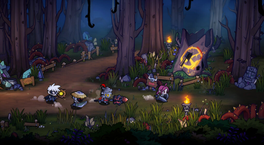 Gameplay from Lost Castle 2, showing a group of four players running into the world