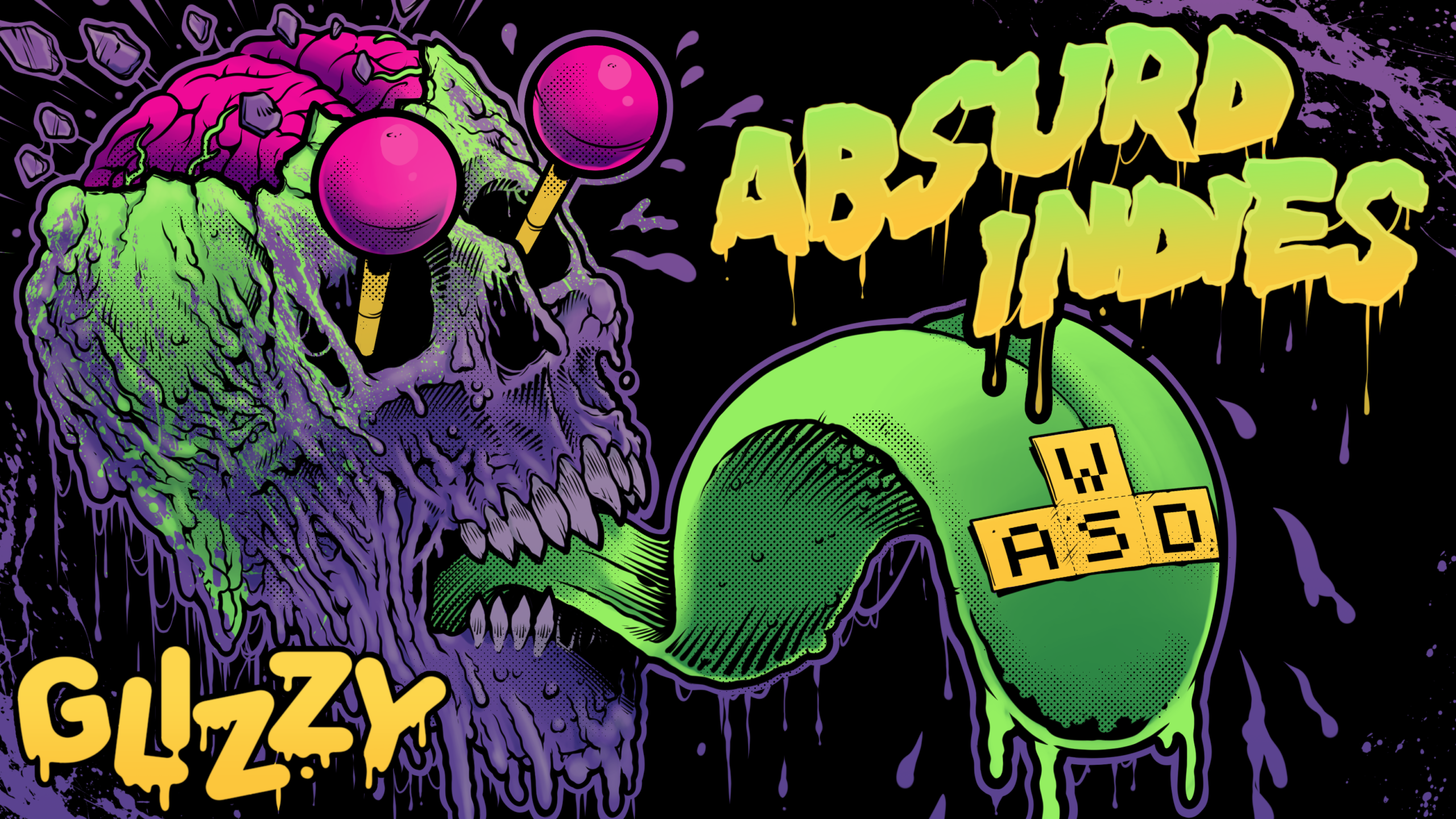 Glizzy Absurd Indies Showcase Banner - Grotesque skull with its eyes popping out as joysticks and tongue hanging out.